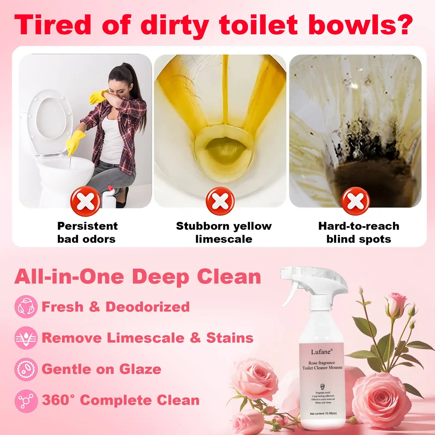 Bathroom Cleaning Foam Spray (10.58 oz) — Long-Lasting Rose Scent; Removes Hard Water Stains, Toilet Grime, and Soap Scum from Various Surfaces